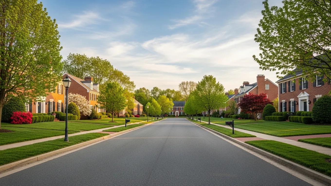Quiet residential street with brick colonial homes and manicured lawns in a Woodbridge Northern Virginia community.