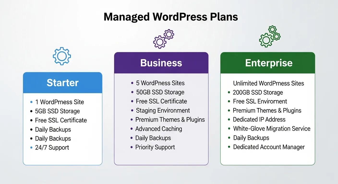 Graphic showing Starter, Business, and Enterprise managed WordPress plans and their features