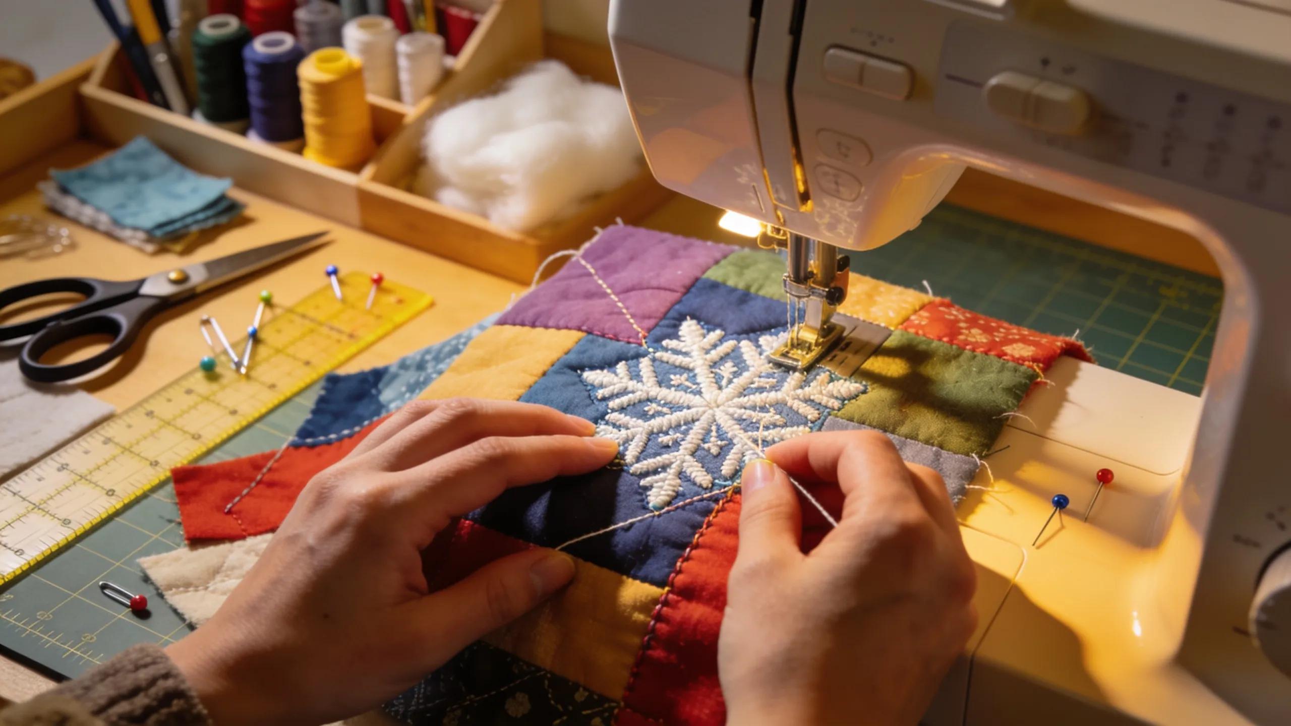 Close-up of hands sewing a snowflake appliqué on a sewing machine, showcasing quilting techniques and materials.