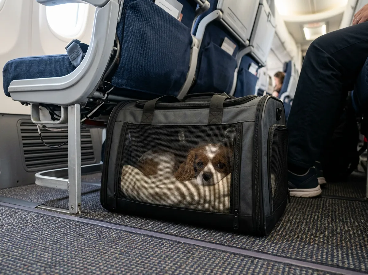 Under-seat pet carrier with a dog peeking out in an airplane