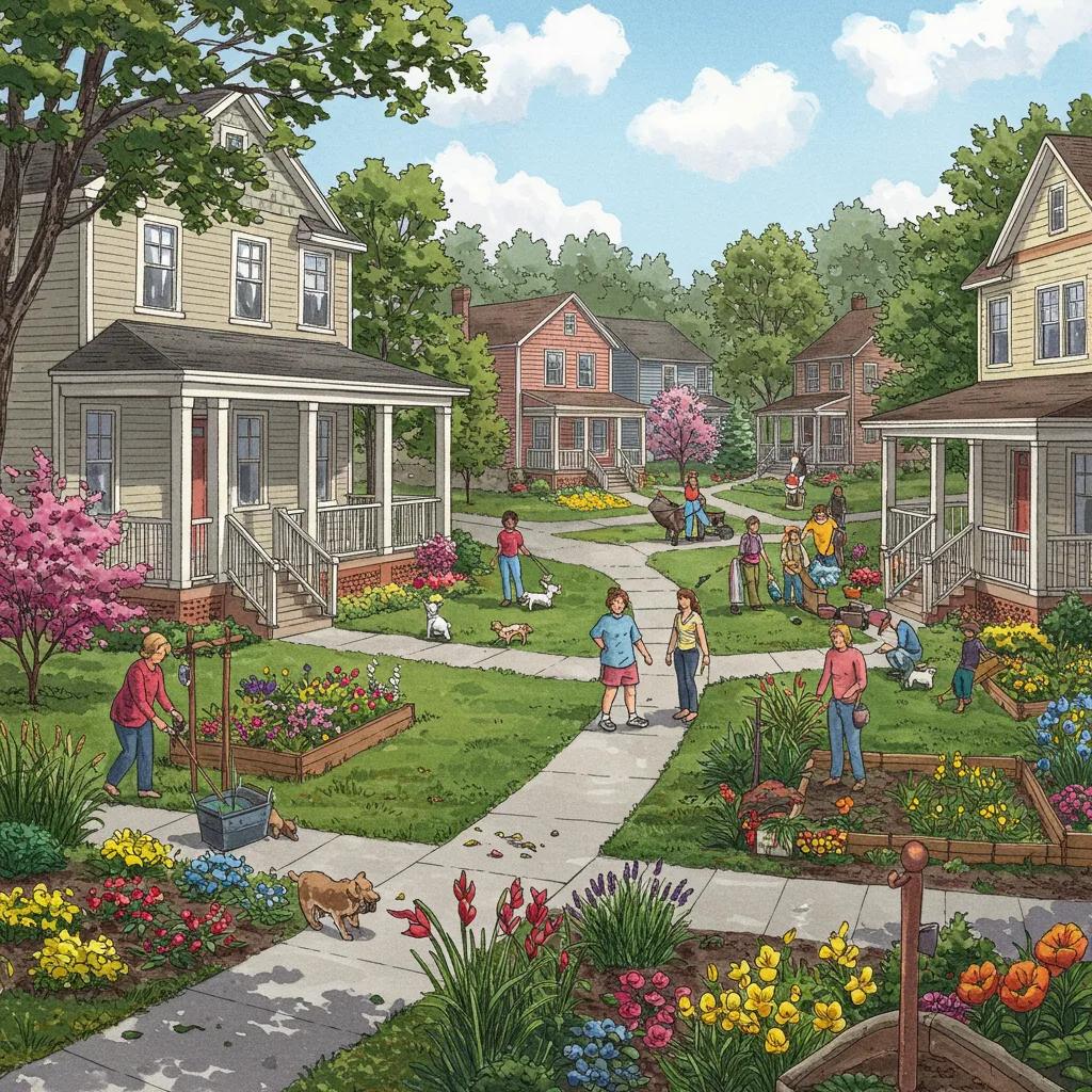 Suburban neighborhood in Montgomery County PA with single-family homes and families enjoying outdoor activities Suburban neighborhood in Montgomery County PA with single-family homes and families enjoying outdoor activities