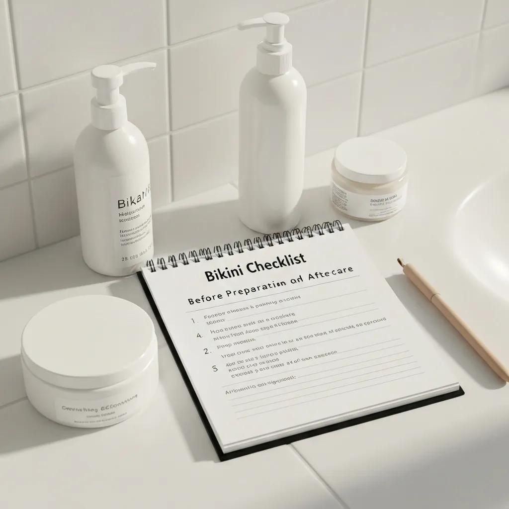 Checklist for bikini wax preparation and aftercare in a serene bathroom setting