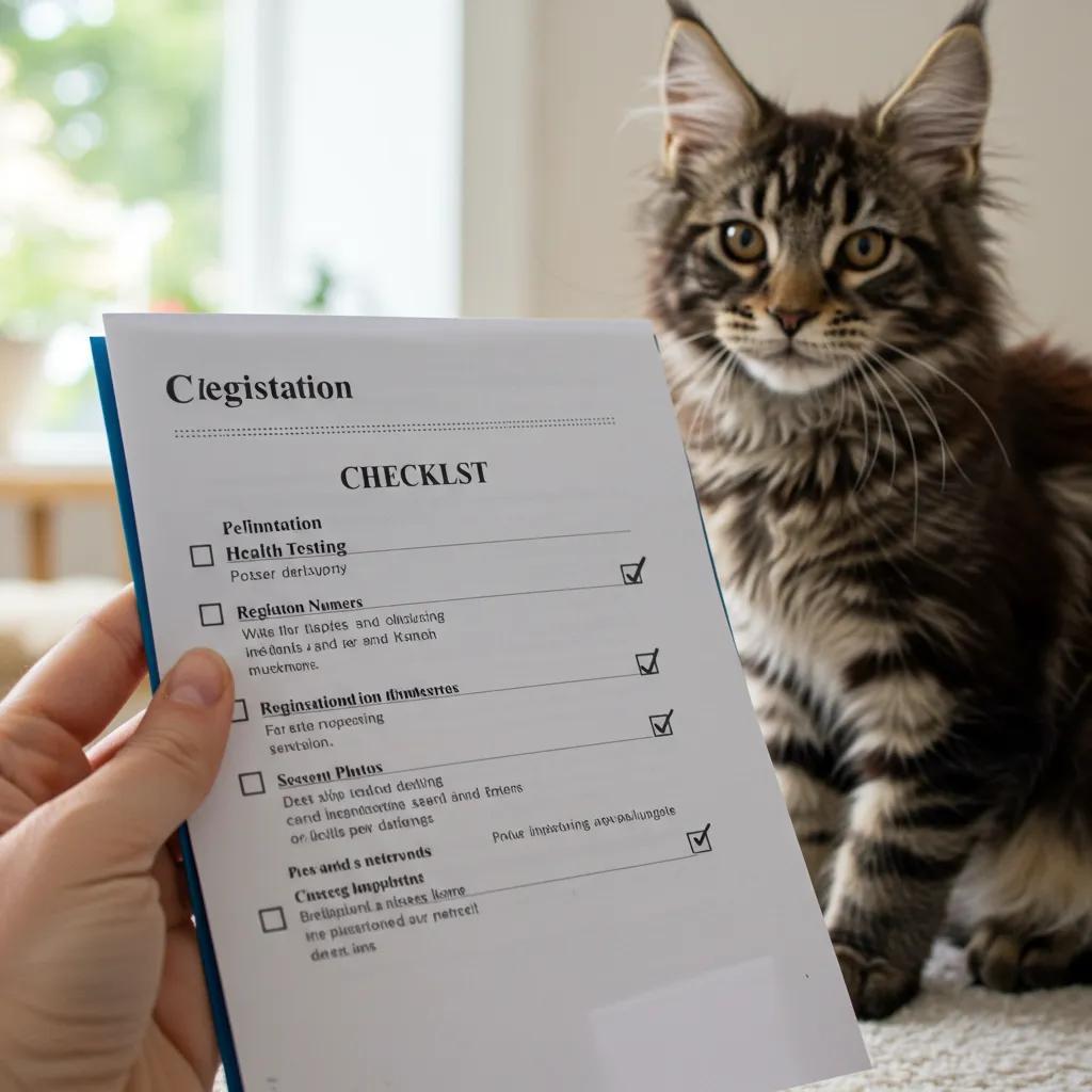 Checklist for finding reputable Maine Coon breeders with a kitten in the background