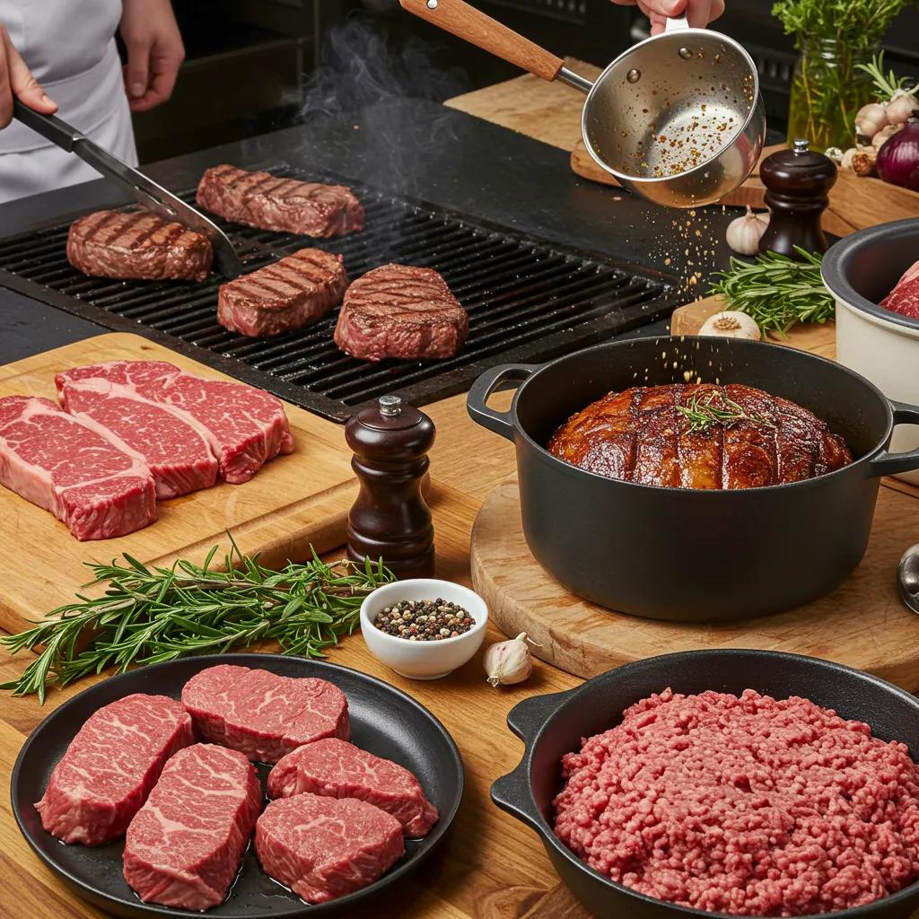 A skilled chef expertly preparing a variety of exquisite beef dishes in a vibrant, modern kitchen, demonstrating advanced cooking techniques for bulk premium beef