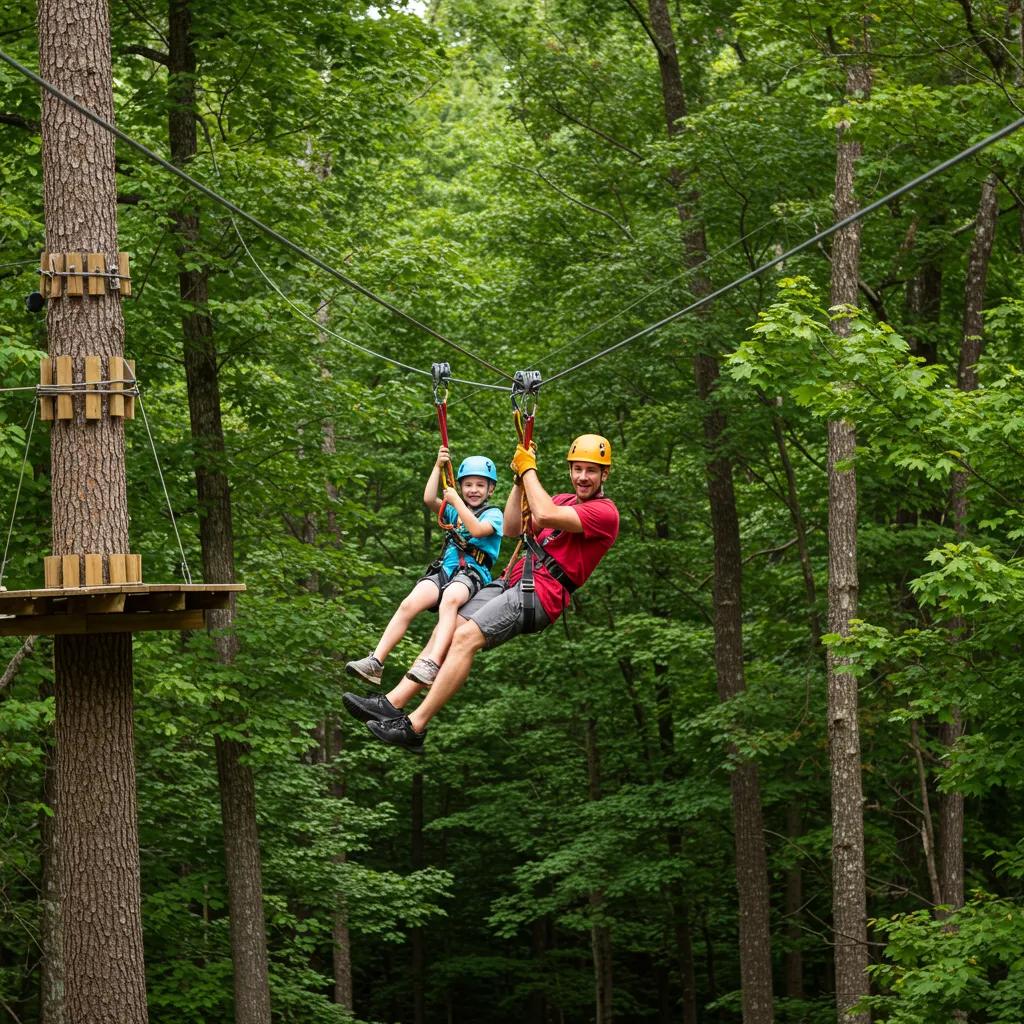 Child and adult ziplining through forest canopy in Blue Ridge GA