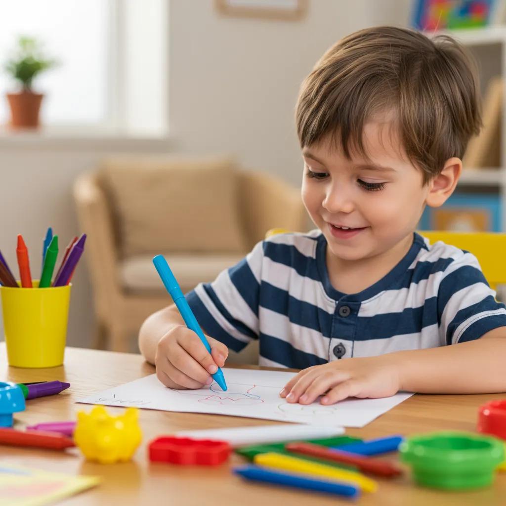 Child engaged in early writing activities at home with crayons and paper