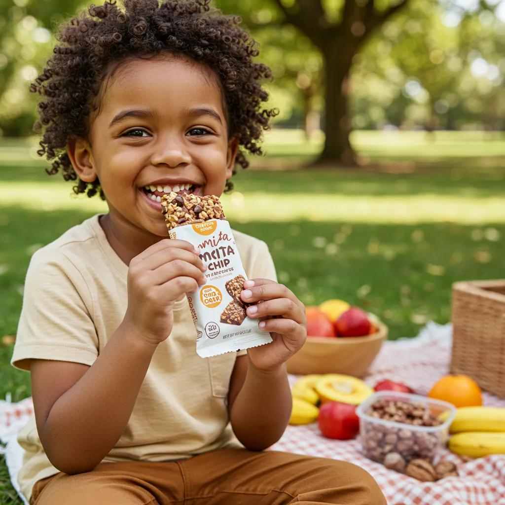 Child enjoying an Oatmeal Chocolate Chip Amrita Bar in a park, showcasing wholesome snacking for children