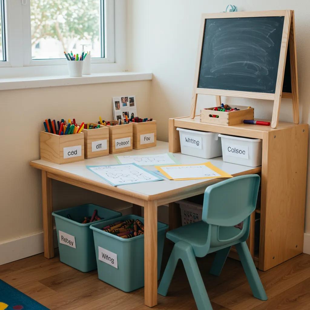 Child-friendly writing nook with accessible materials for early writing