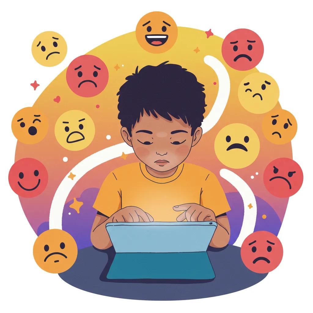 Child interacting with digital technology, illustrating emotional development and brain growth