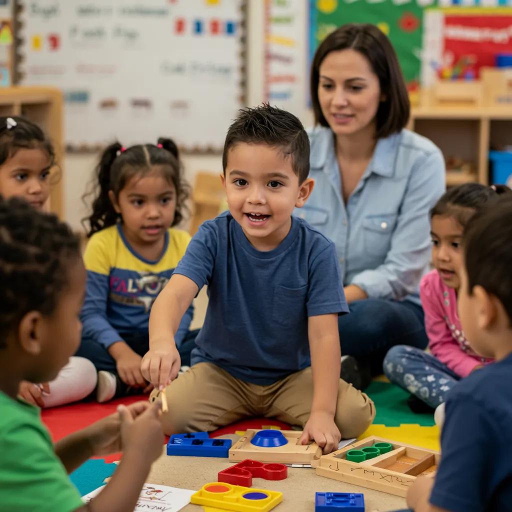 Child participating in a group activity to enhance kindergarten readiness in preschool