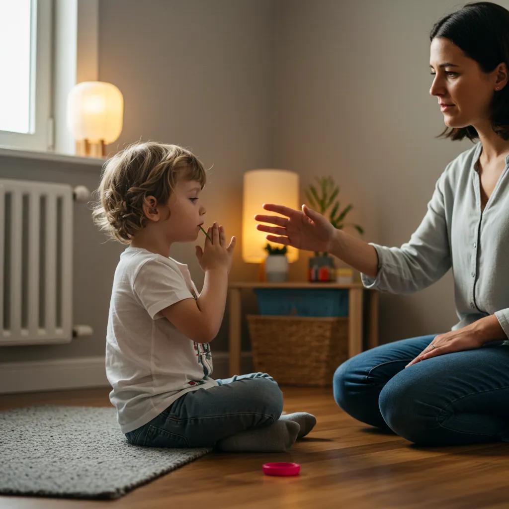Child practicing calming breathing exercises with parental support, showcasing the role of routines in emotional regulation