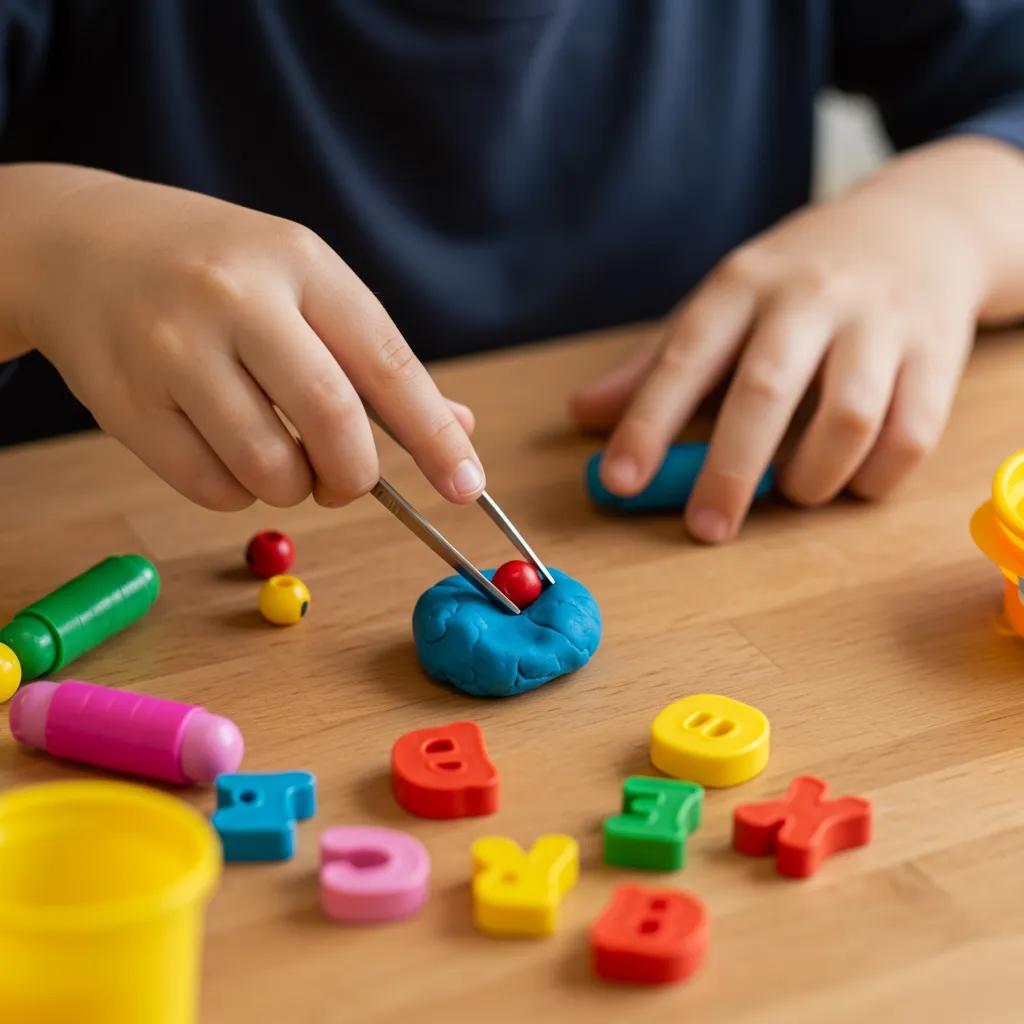 Child practicing fine motor skills with tweezers and playdough