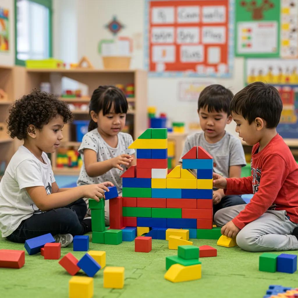 Children collaborating in a block-building activity, enhancing cognitive and problem-solving skills Children collaborating in a block-building activity, enhancing cognitive and problem-solving skills