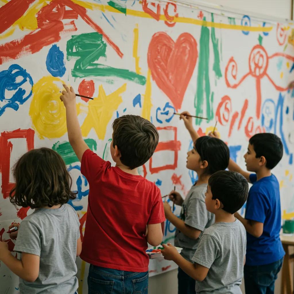 Children collaborating on a mural, fostering sharing and empathy through art activities