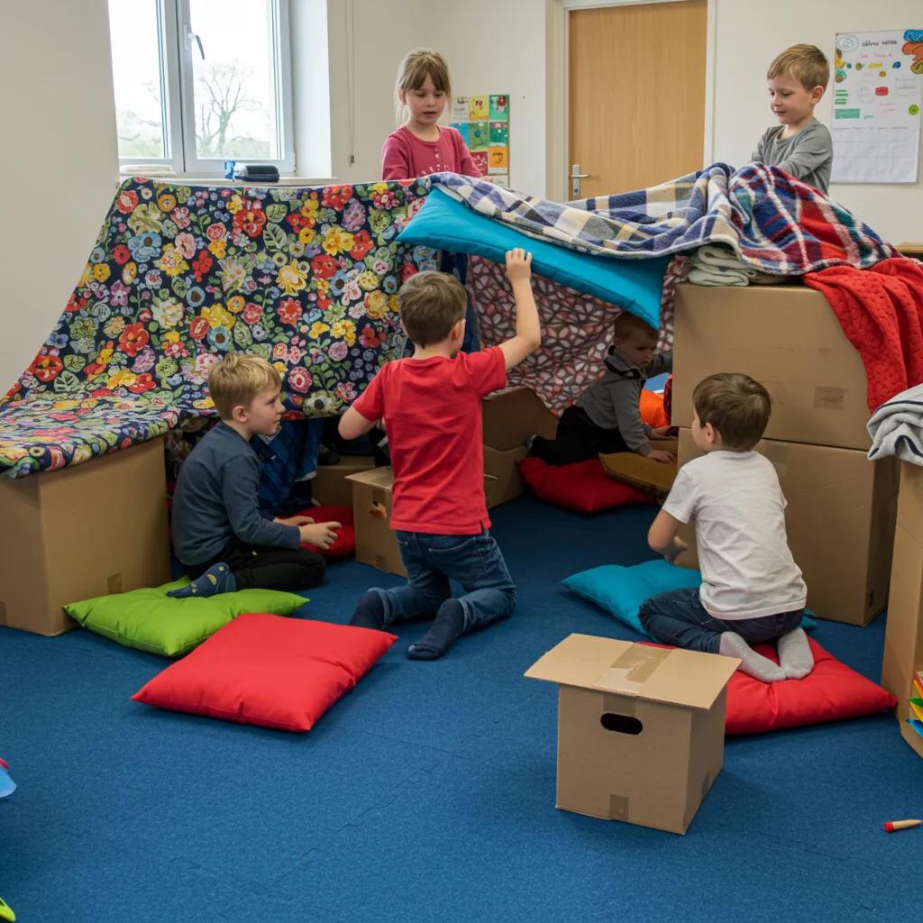 Children collaboratively building a fort with blankets and boxes, demonstrating cognitive skill enhancement through imaginative play