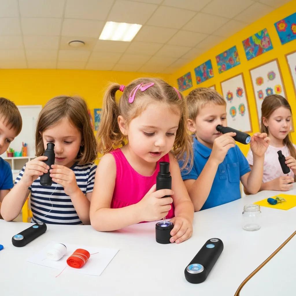 Children doing simple experiments with a pocket microscope—hands-on STEM activities in nature and at home