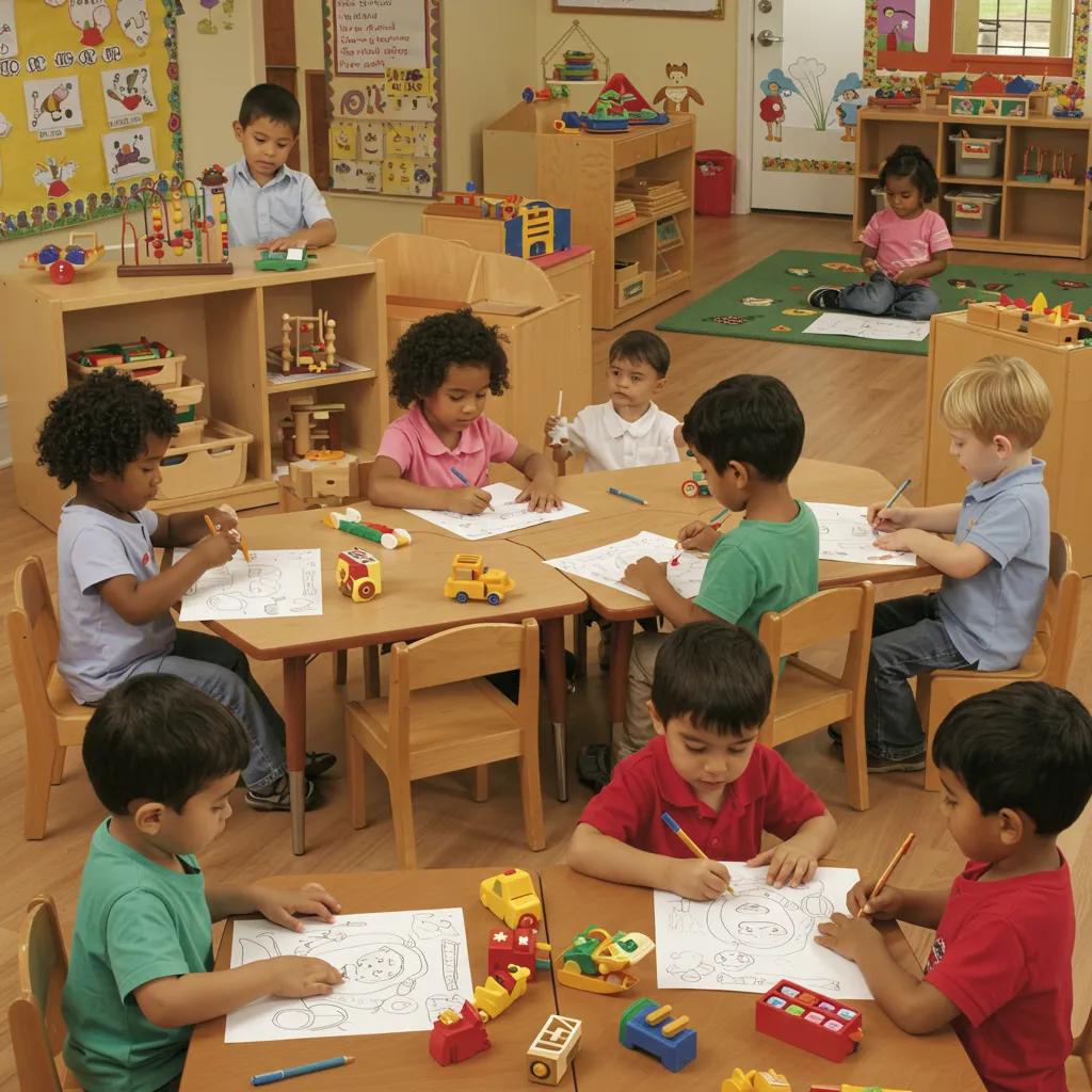 Children engaged in early childhood assessment activities in a vibrant classroom setting