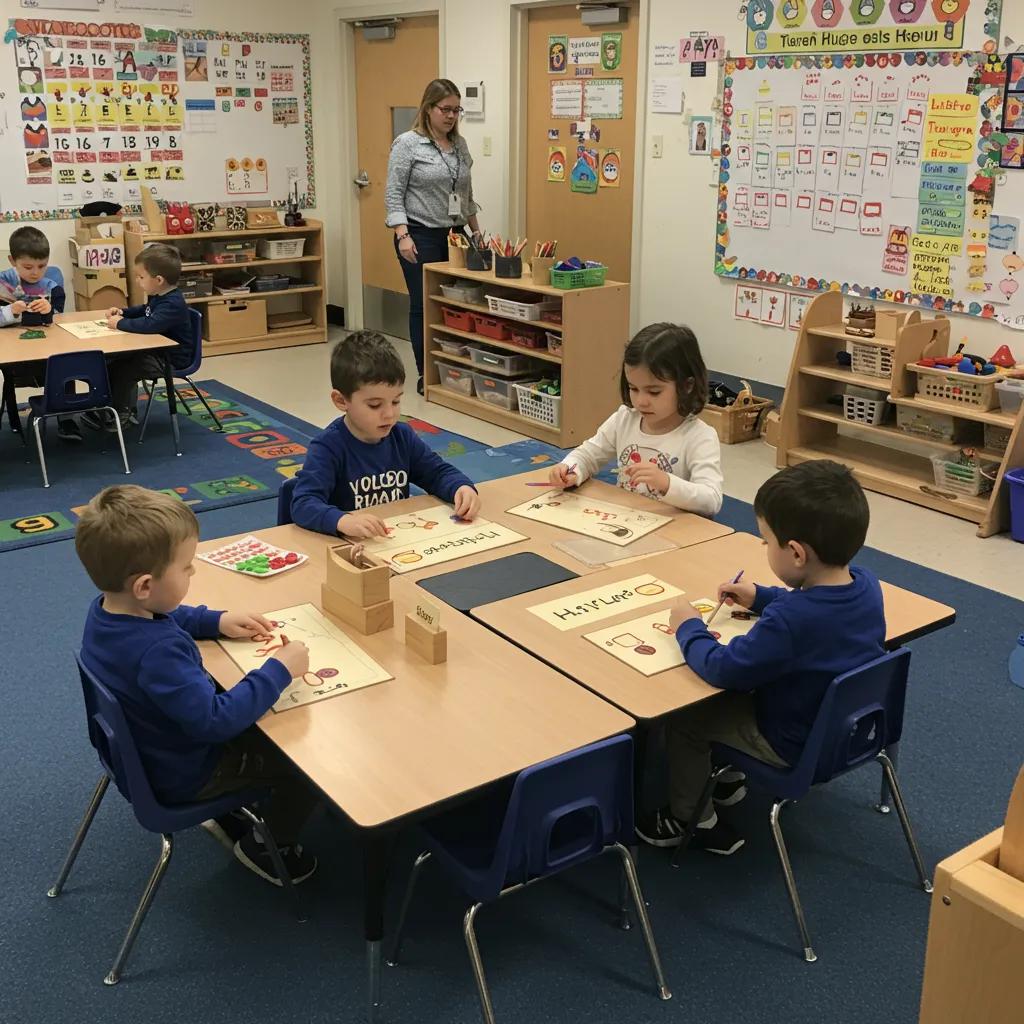 Children engaged in kindergarten readiness activities in a structured classroom, illustrating the importance of preparation for school success.