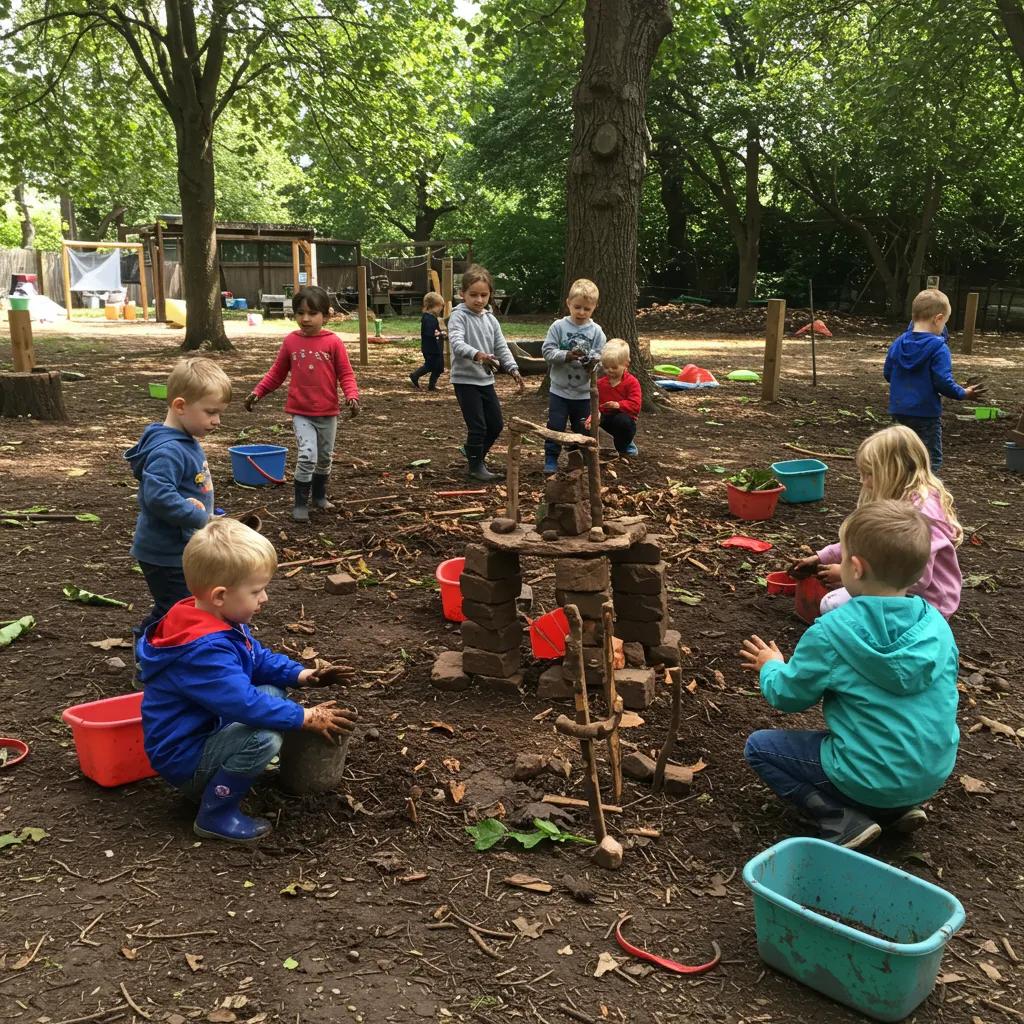 Children engaged in outdoor messy play with natural materials, fostering creativity and collaboration in a vibrant setting