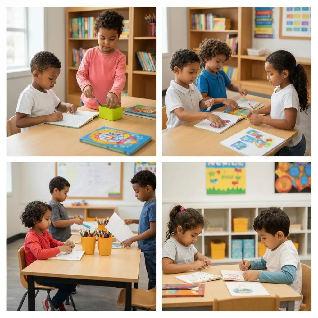 Children engaged in personalized learning activities in a bright classroom