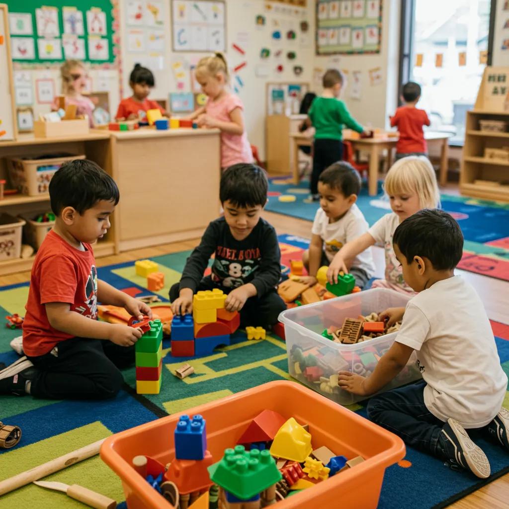 Children engaged in play-based learning activities in a colorful classroom setting