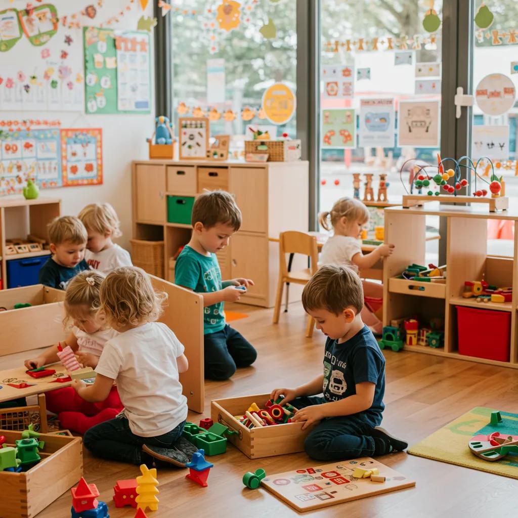 Children engaged in play-based learning in a colorful preschool classroom