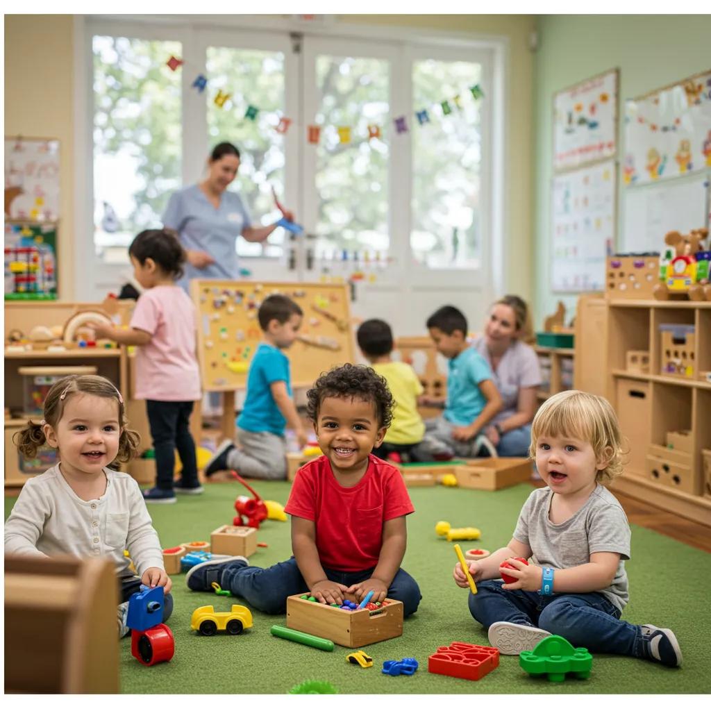 Children engaged in safe and stimulating learning activities in a colorful classroom environment