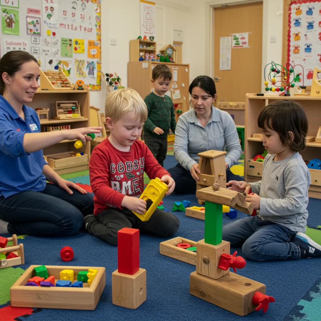 Children engaged in structured play activities in a colorful classroom, highlighting the importance of a structured curriculum in early childhood education.