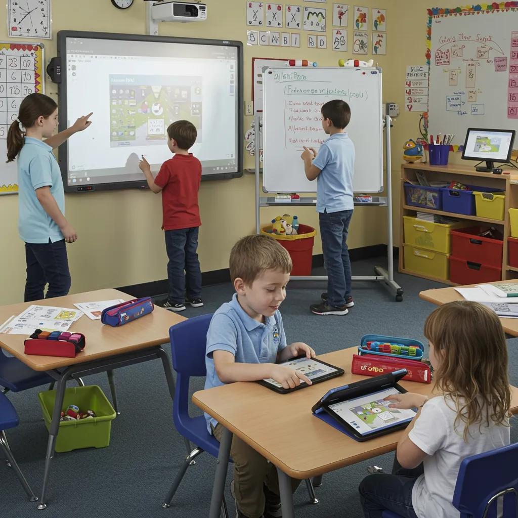 Children engaging with educational technology in a classroom, showcasing interactive learning