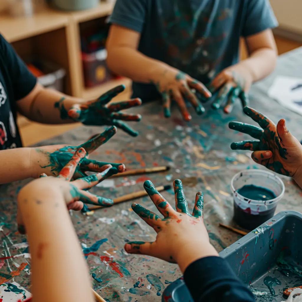 Children experimenting with colors and textures in messy play, highlighting cognitive benefits and creative exploration