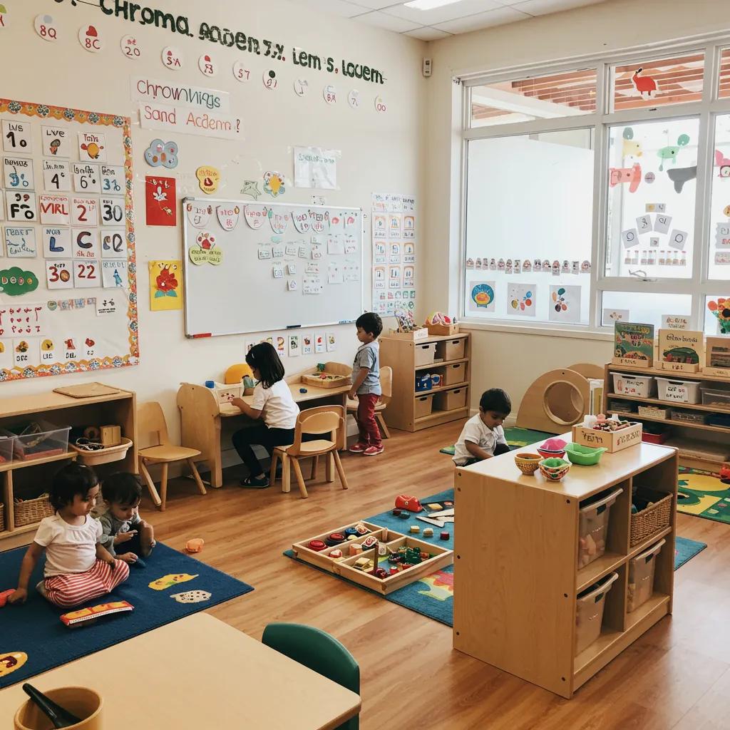 Children exploring a nurturing classroom environment at Chroma Academy, emphasizing child-centric learning