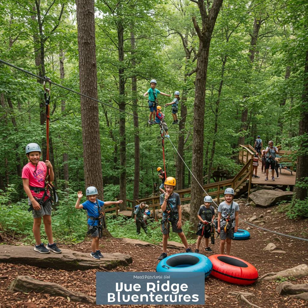 Children participating in outdoor adventures like ziplining and hiking in Blue Ridge GA, showcasing family-friendly activities