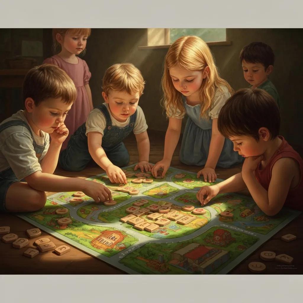 Children playing educational games with wooden magnets on a colorful play mat, illustrating creative learning activities