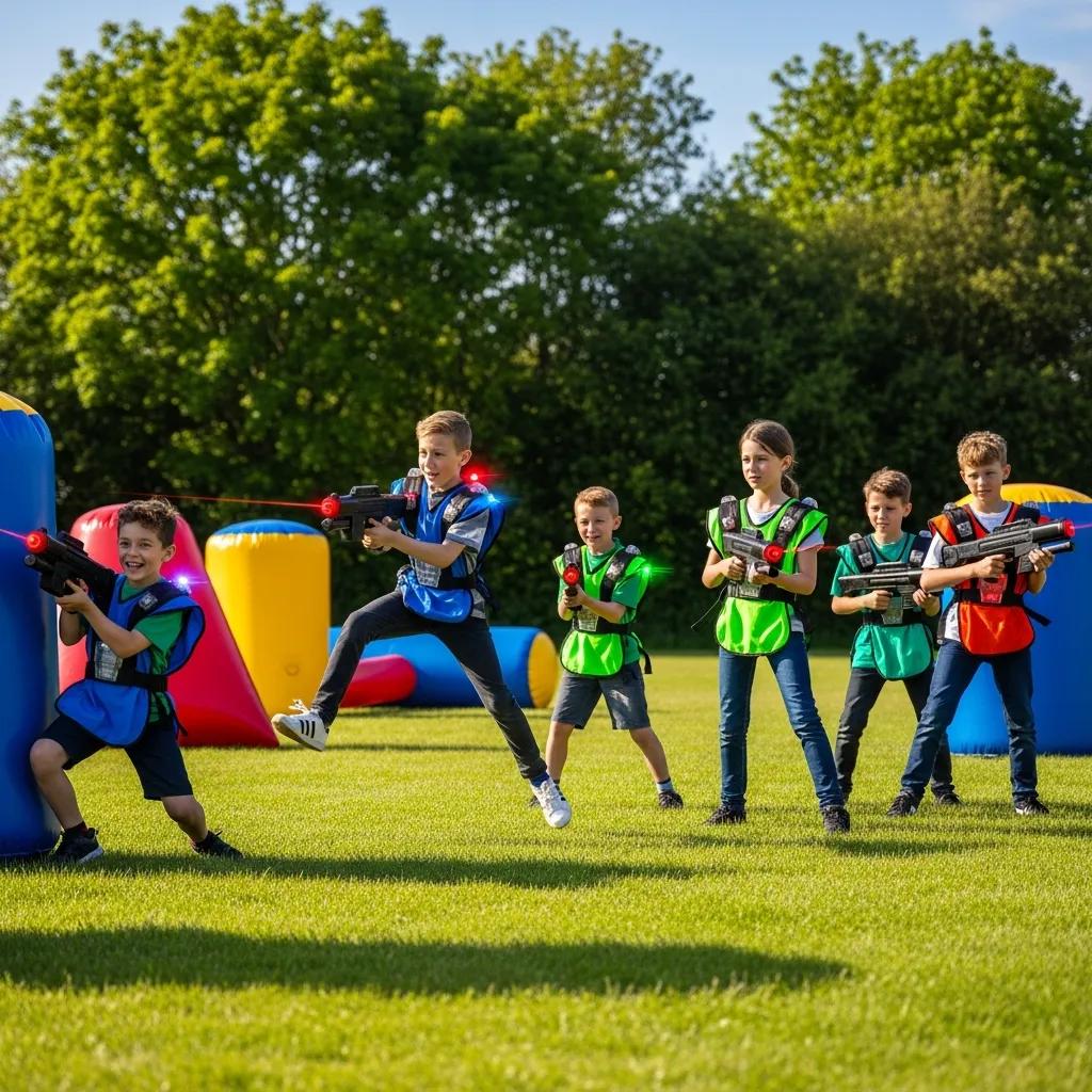 Children playing mobile laser tag outdoors in Singapore, showcasing excitement and teamwork Children playing mobile laser tag outdoors in Singapore, showcasing excitement and teamwork