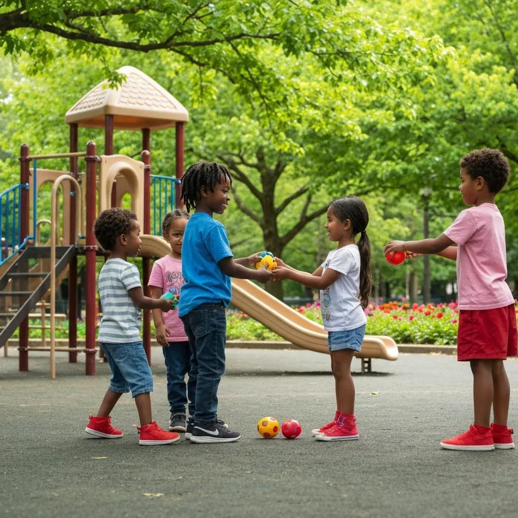 Children playing together in a park, demonstrating social skills and readiness for preschool