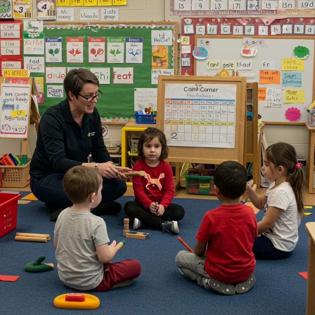 Children practicing emotional regulation in a calm corner with sensory tools and adult support