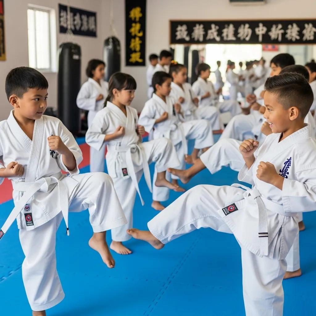 Children practicing karate in a dojo, demonstrating confidence and teamwork Children practicing karate in a dojo, demonstrating confidence and teamwork