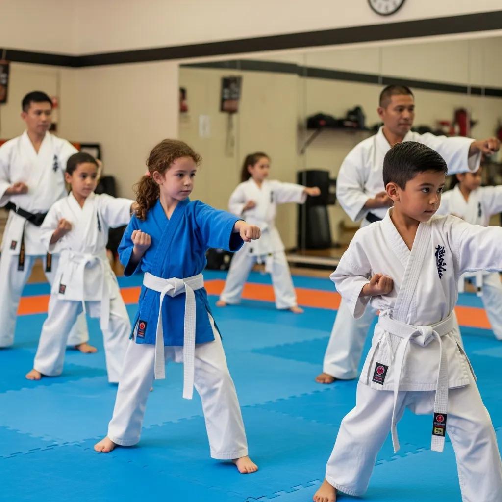 Children learning age-appropriate self-defense techniques in a friendly dojo, building confidence and safety awareness