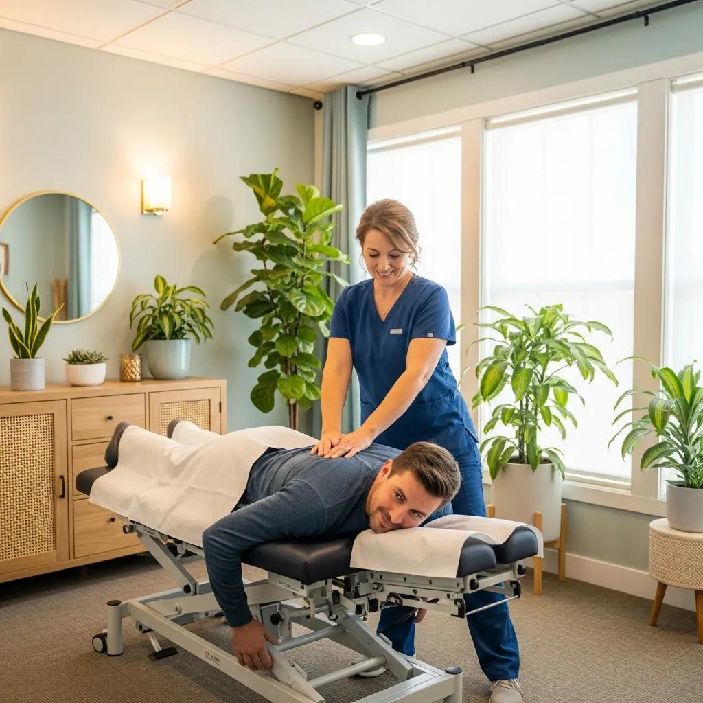 Chiropractor adjusting a patient's back in a calming clinic environment