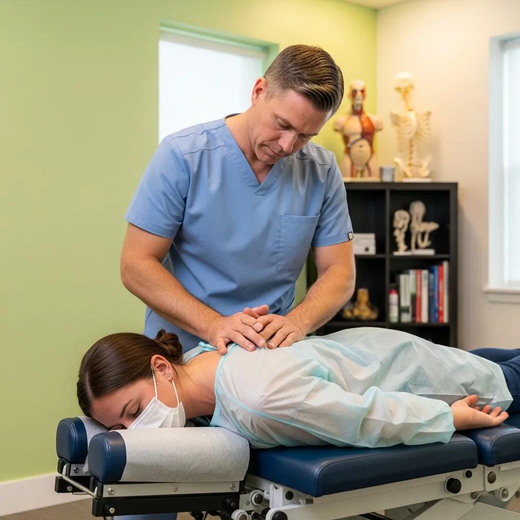 Chiropractor performing spinal adjustment on patient in clinical setting