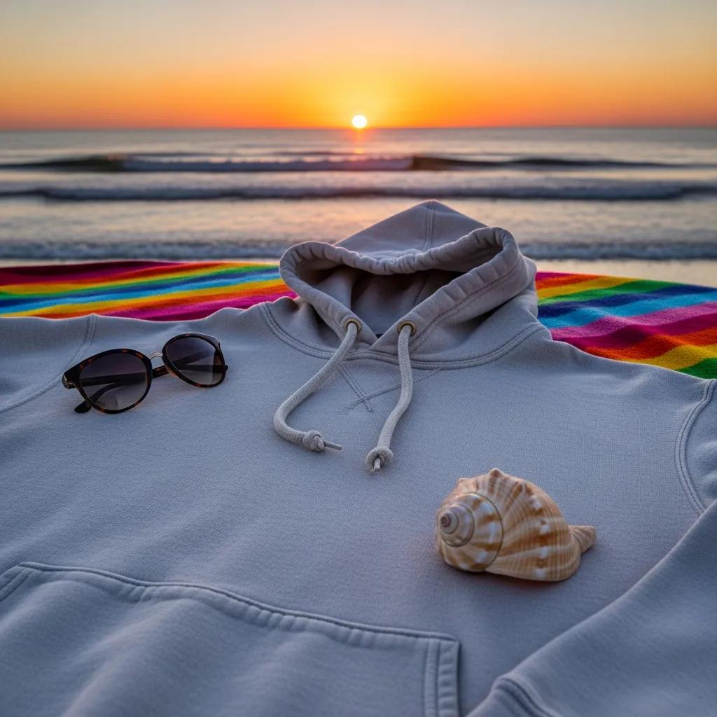 Classic pullover hoodie laid out on a beach blanket at sunset