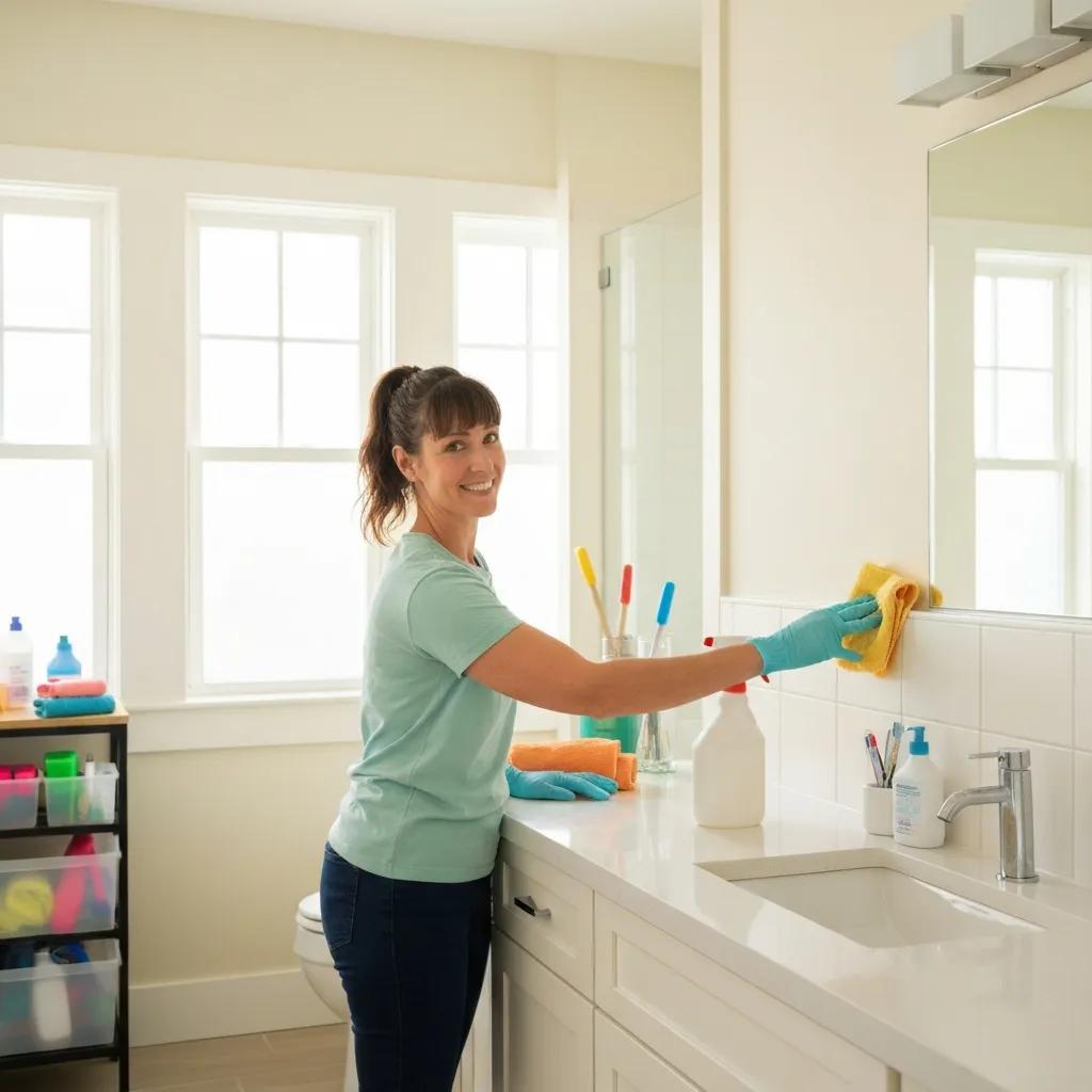 Cleaner conducting move-out cleaning in a bright bathroom