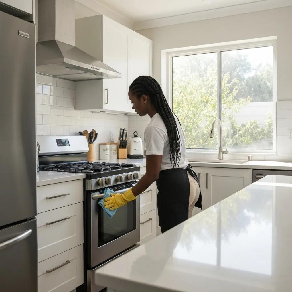 Cleaner performing deep cleaning in a modern kitchen