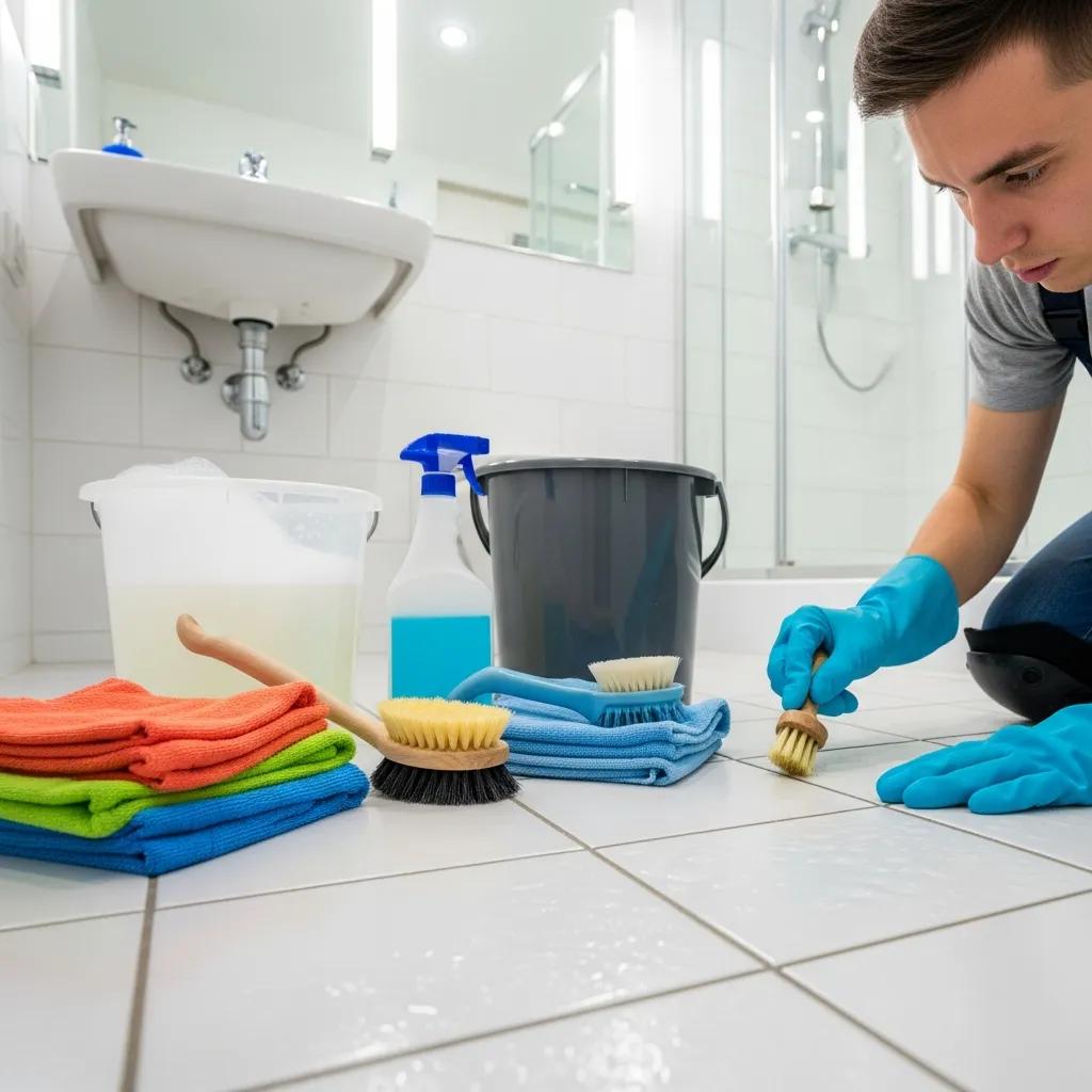 Cleaner doing detailed bathroom deep-cleaning