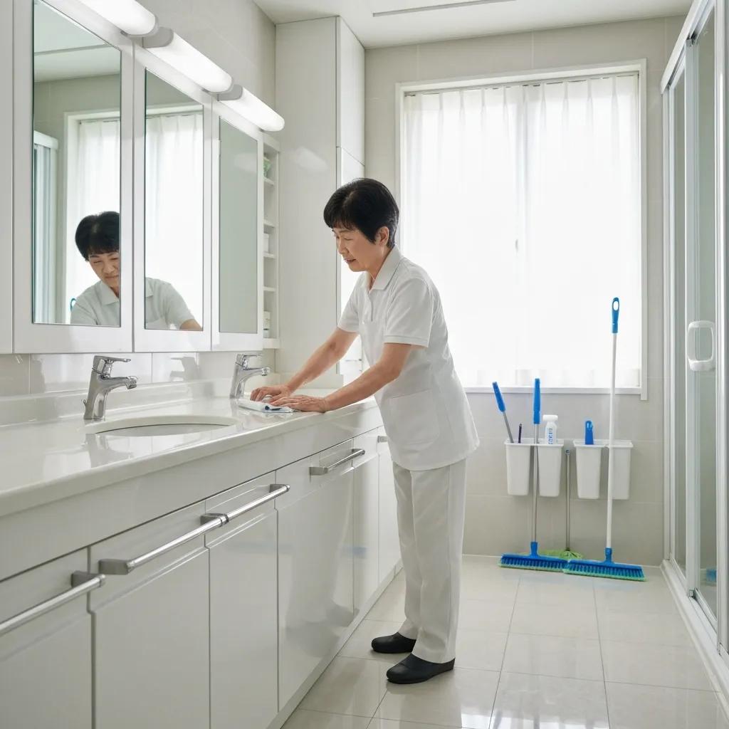 Cleaner wiping bathroom surfaces during a routine cleaning