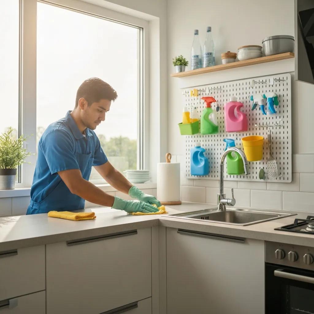 Cleaner doing routine kitchen and living-area maintenance to illustrate regular cleaning tasks