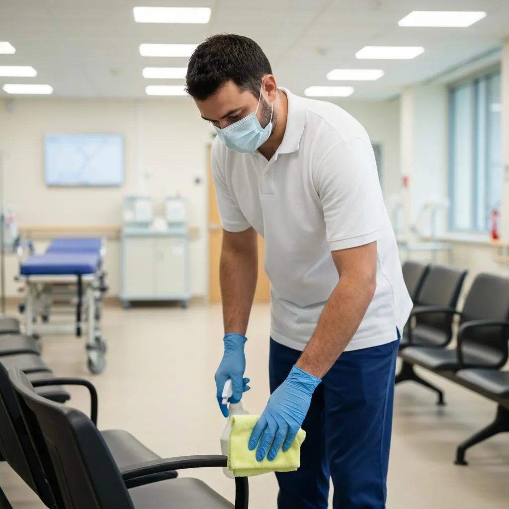 Cleaner sanitising a medical centre waiting area — hygiene and compliance