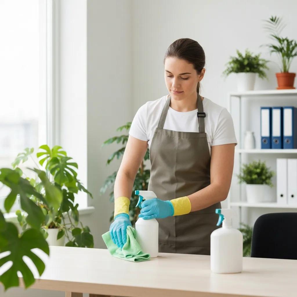Cleaner using eco-friendly products in a bright office to highlight sustainable cleaning