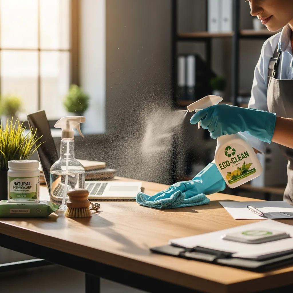 Cleaning professional demonstrating eco-friendly practices in an office