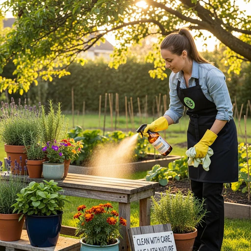 Cleaning professional using eco-friendly products in a garden setting